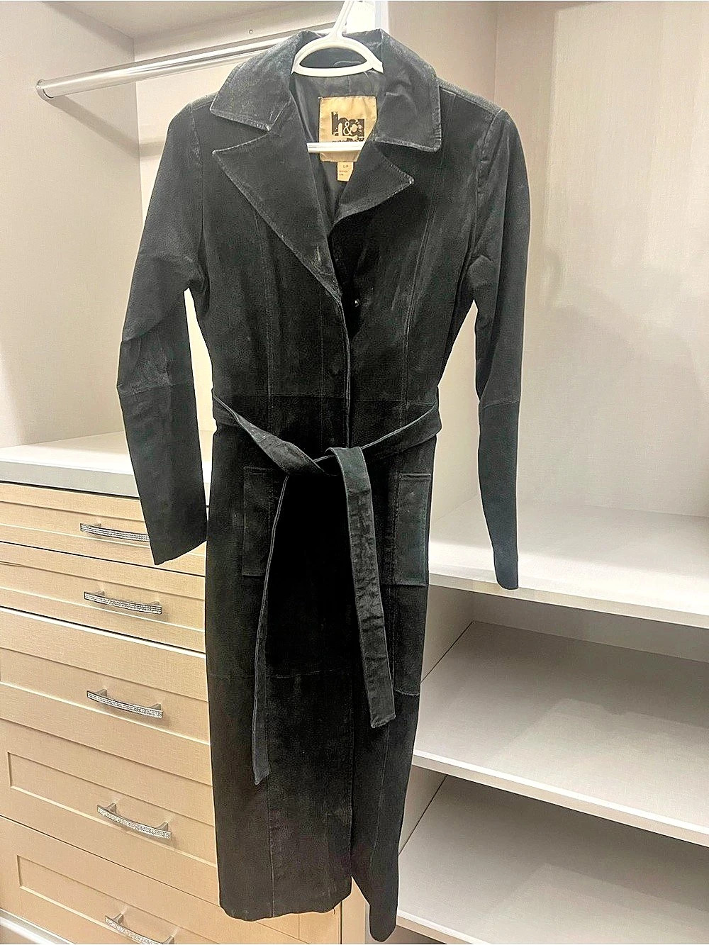 H&G Outerwear Black Leather (Suede) Wrap Coat Size Small Like New